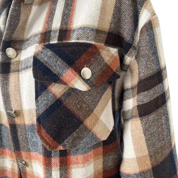 Plaid button up knit over shirt light shacket black orange M - Picture 8 of 11
